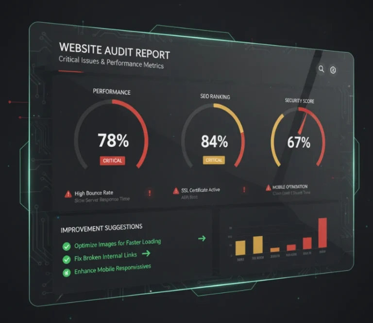 Local business website audit report showing critical mistakes and conversion problems with statistics