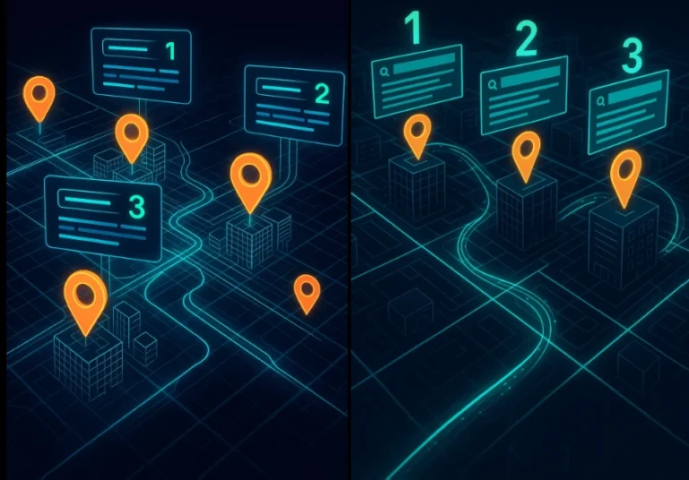 Futuristic digital map showing local SEO tactics with glowing business locations and search result rankings