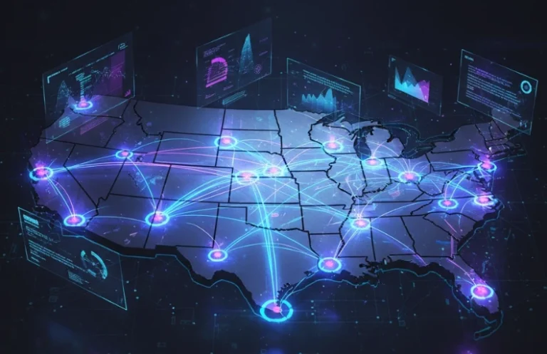 Futuristic nationwide SEO network glowing across the U.S.