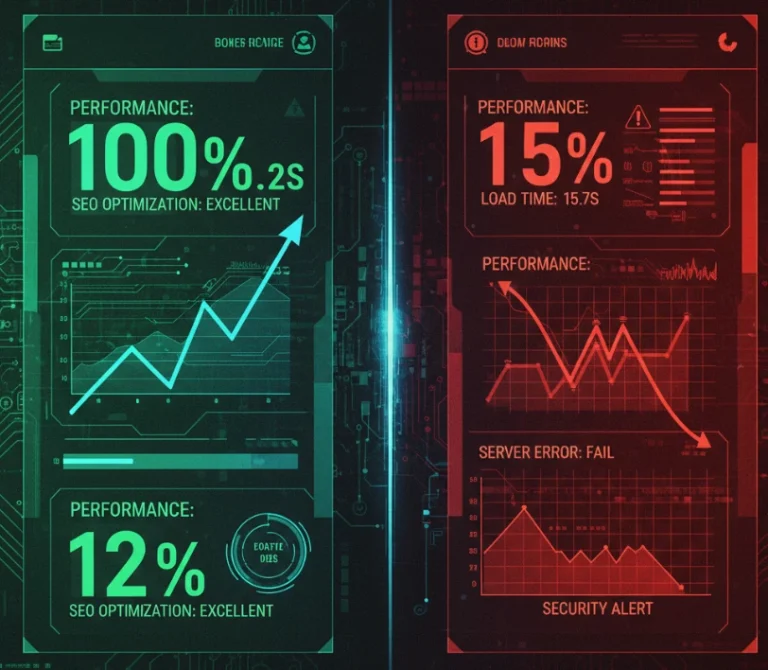 Website loading speed comparison showing fast vs slow PageSpeed Insights scores with performance metrics dashboard