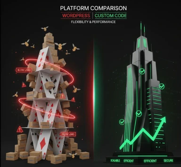 WordPress blog interface compared to custom business website showing different purposes and optimization