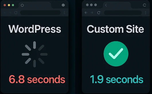 Comparison showing WordPress website problems versus benefits of custom coded websites for businesses